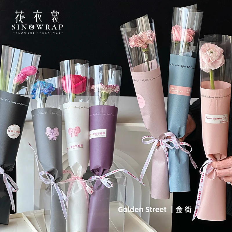 

Sinowrap New Valentine's Rose Single Flower Bag Bouquet Transparency Wedding Wrapping Paper Plastic Opp Bag Floral Packaging