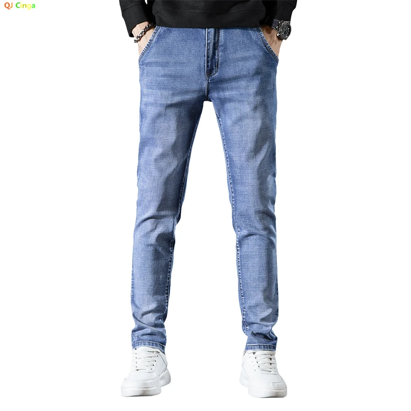 Light Blue Slim Jeans Men's Fashion Casual Pants Micro-stretch Denim Trousers Size 27-36 Can Be Selected