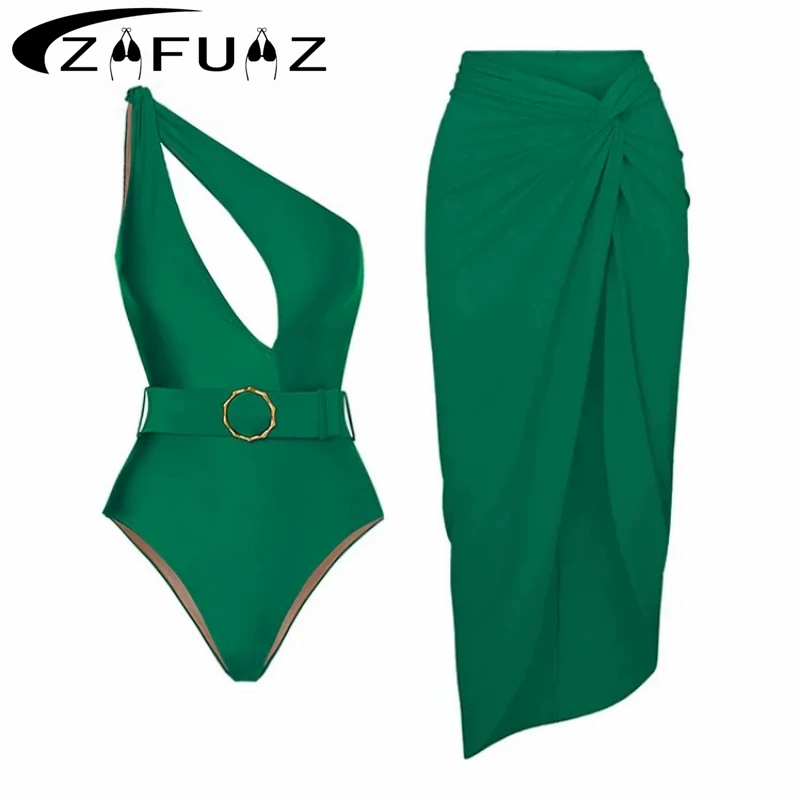 

ZAFUAZ 2024 New Hollow Out One Shoulder Green Sexy One-piece Women's Swimsuit Patchwork Bathsuit Belt Bodysuit Female Beachwear