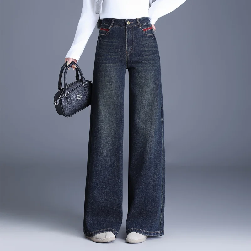 جينز عالي الجودة مطرز بأرجل واسعة للنساء، للربيع والخريف جديد عالي الخصر وقابل للتمدد وفضفاض للتخسيس بتصميم كلاسيكي مستقيم الساق #1