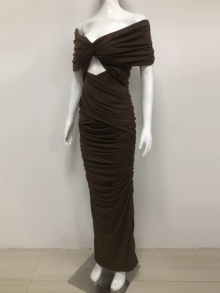 우아한 오프숄더 컷아웃 슬림 바디콘 롱 드레스 여성용 정장 디너 생일 파티 가운