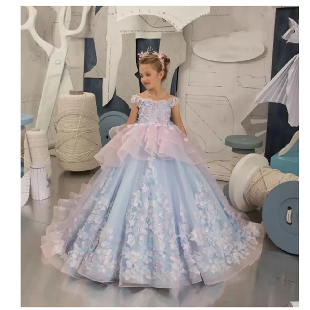 Lovely Puffy Flower Girl Dresses 3D Appliques Birthday Kids Layers For Wedding 2024 Ball Gown Princess  Party Gowns