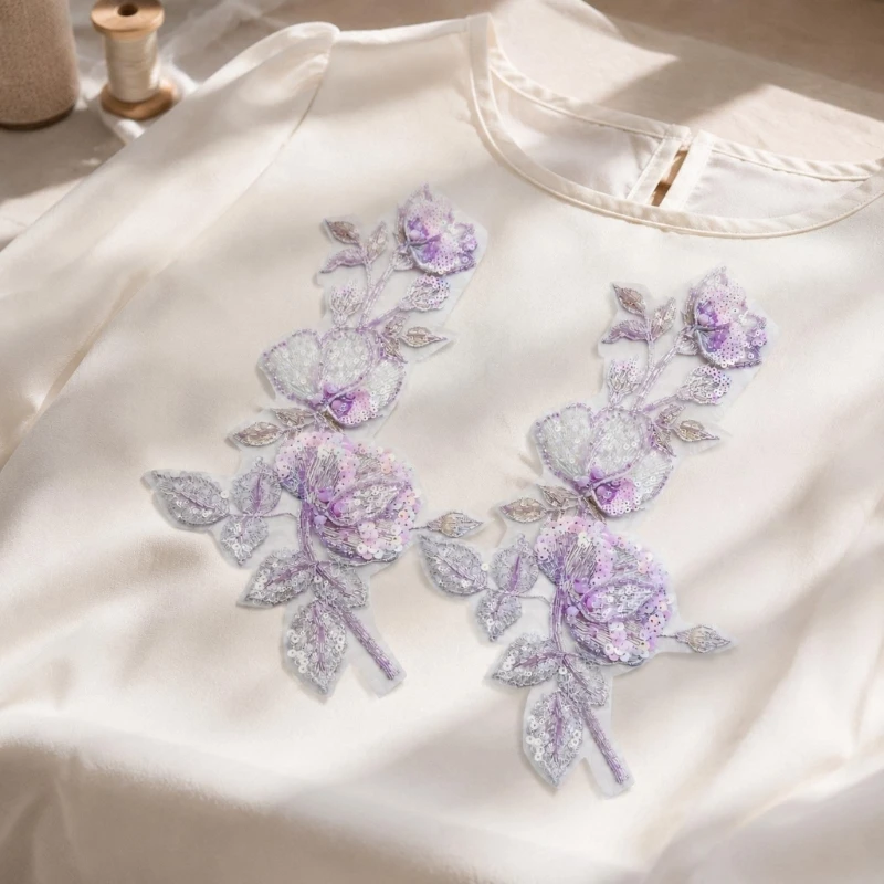 2Piece Embroidered Flower Applique with Layered Hand-Sewn Design, Textile Decoration for Dresses, Sweater, Bag, and Fabric Craft
