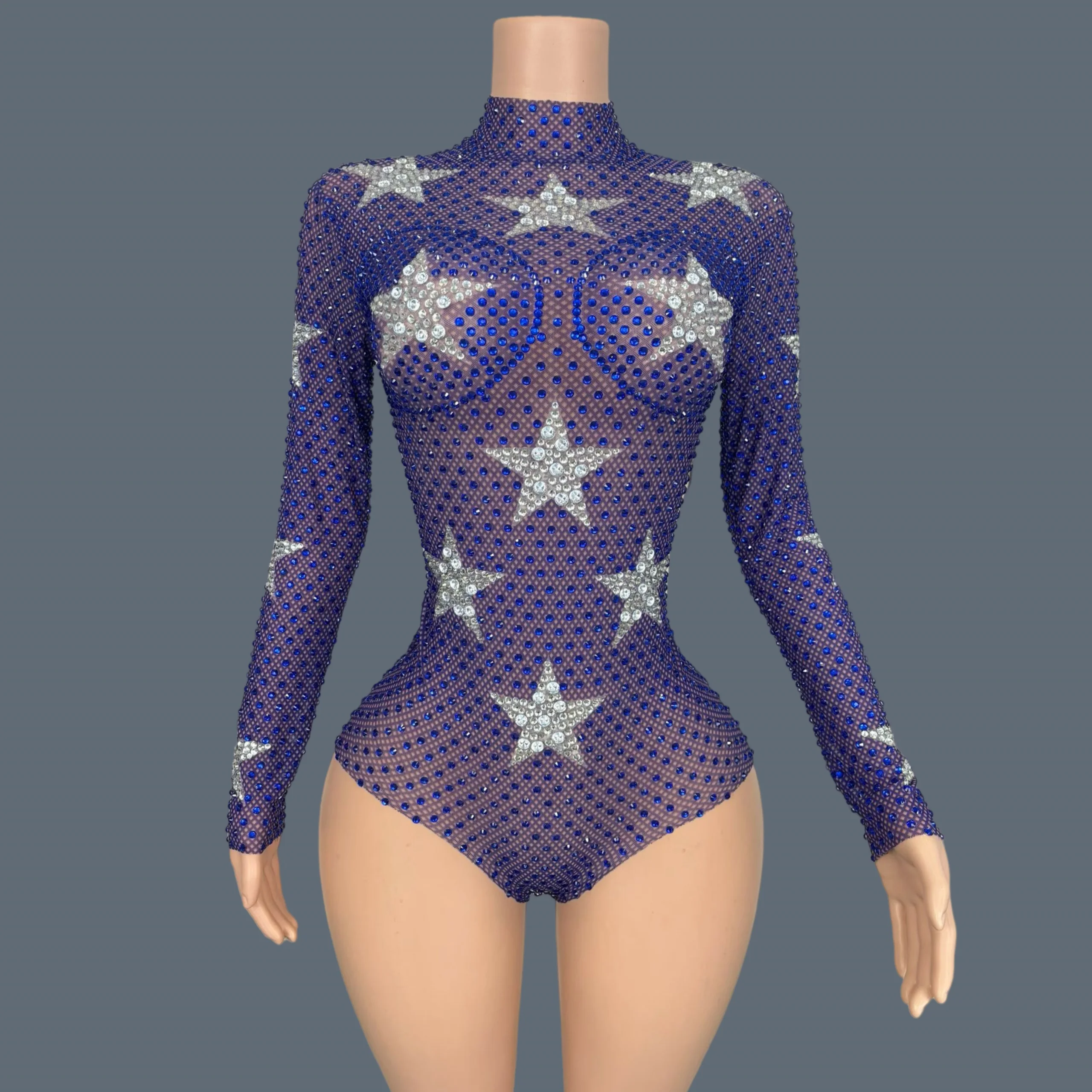 Silver Pentagram Blue Rhinestone Bodysuit See Through Mesh  High Cut Thong One Piece Leotard Party Event Dance Onesie Xingxing