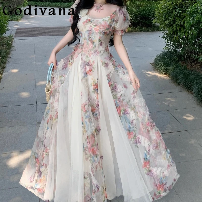 

Large Size L-5XL French Heavy Industry Three-dimensional Flower Gauze Dress Women's Summer Short Sleeve Square Neck Long Dresses