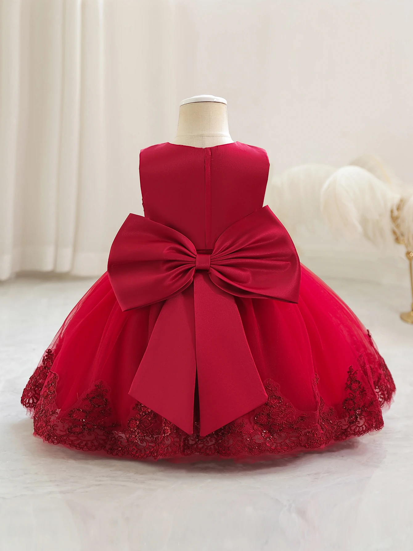 Children's Princess Dress Flower Girl Hand-Embroidered Bow Dress Sleeveless Girl Dress Party Dress Christmas Halloween Dress Red