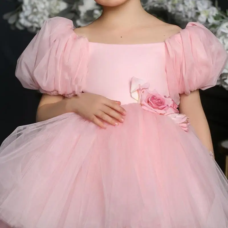 Charmante rosa Blumen mädchen Kleider für Hochzeit geschwollene Kurzarm Blume Kinder Festzug Party kleid Vestidos Elegantes Para Niñas