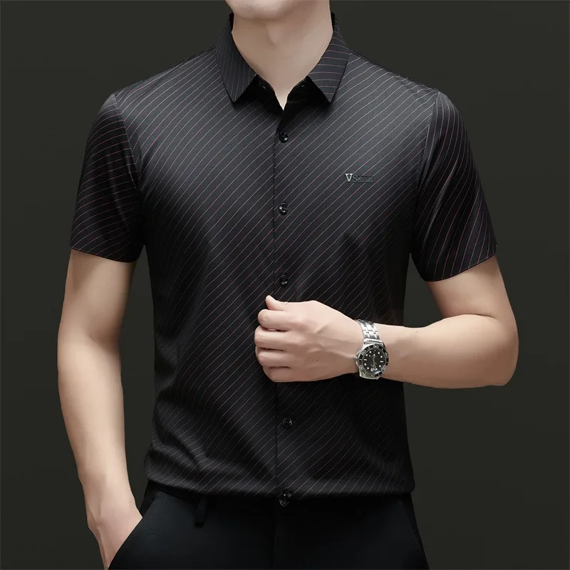 High End Mulberry Silk Shirts for Man Seamless Non-iron Anti-wrinkle Diagonal Stripe Tops Luxurious White Shirt Quality Clothing