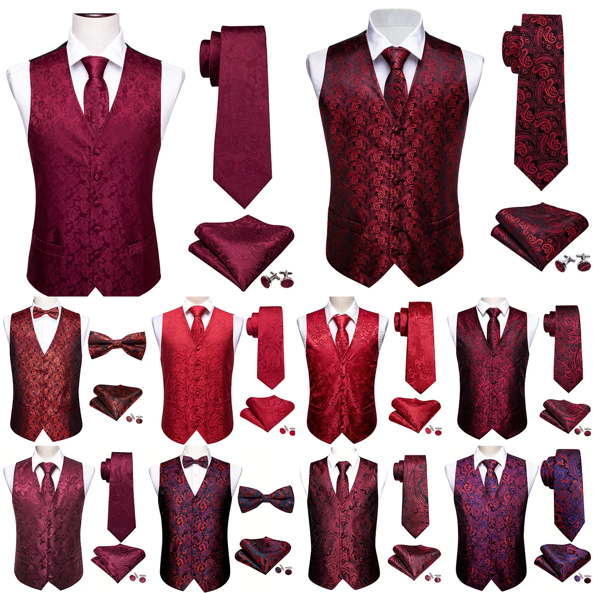 Elegant Men's Vest Dress Embroidered Red Burgundy Paisley Flower Formal Suit Waistcoat Tie Set Jacket Wedding Barry Wang
