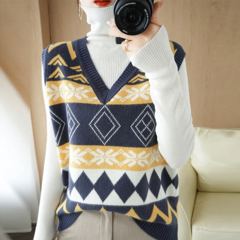 

Женский вязаный жилет с V-образным вырезом, осенне-зимний, новый, в стиле колор-блок, свободный крой, модная верхняя одежда