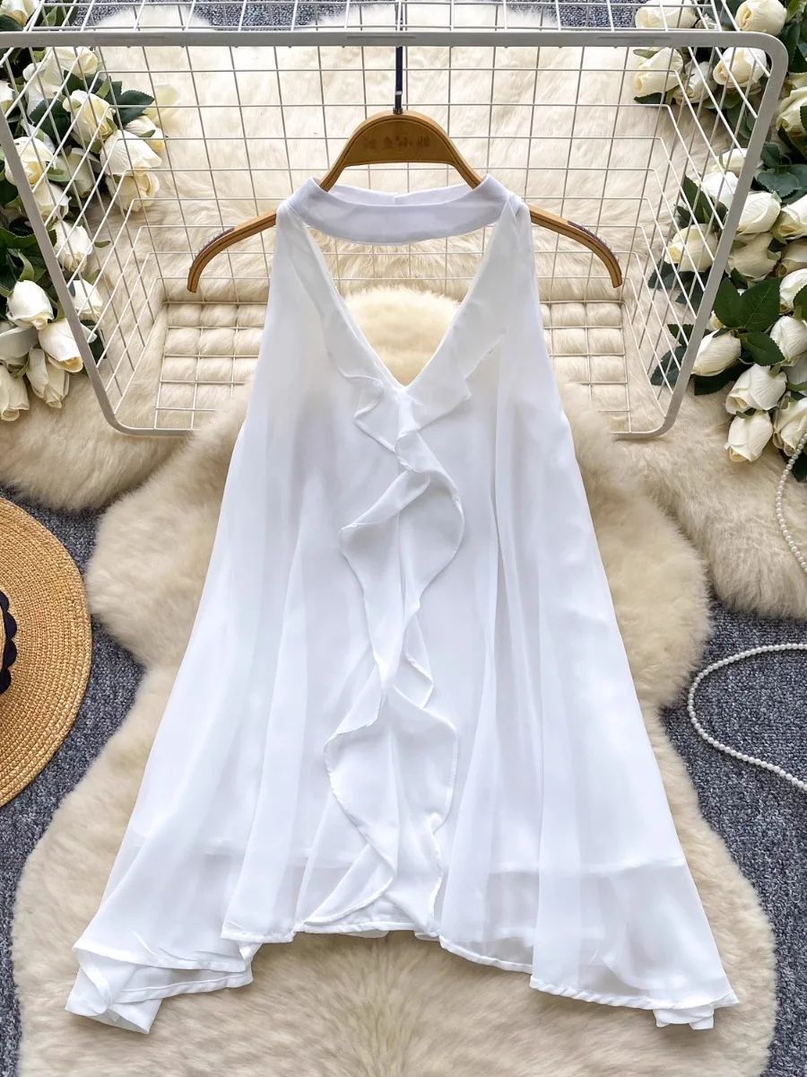 Foamlina Camicetta estiva senza maniche in chiffon con volant Camicia da donna Estetica intenzionale Scava fuori Top con scollo all'americana Camis