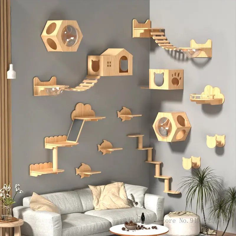 An der Wand montierter Klettergerüst für Katzen, Katzennestbaum, Massivholz, Katzenkletterbrett, Sprungplattform, Heimtierbedarf, 1 Stück