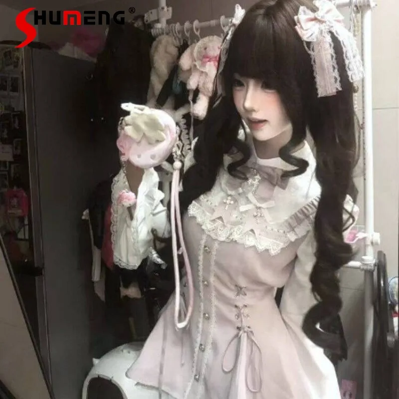 

Mass-produced Bow-tie Lace Bell-sleevess Gothic Apron Waist-cinching Dress And Shorts 2pcs Set For Women's Y2k Kawaii Outfits