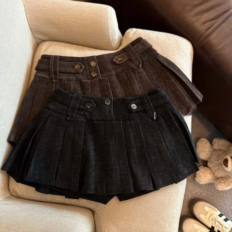 

Ретро-юбка в клетку с низкой талией и плиссировкой для молодых женщин, теплая, осенне-зимняя, с защитой от просвечивания, в стиле для повседневной носки, с высокой талией