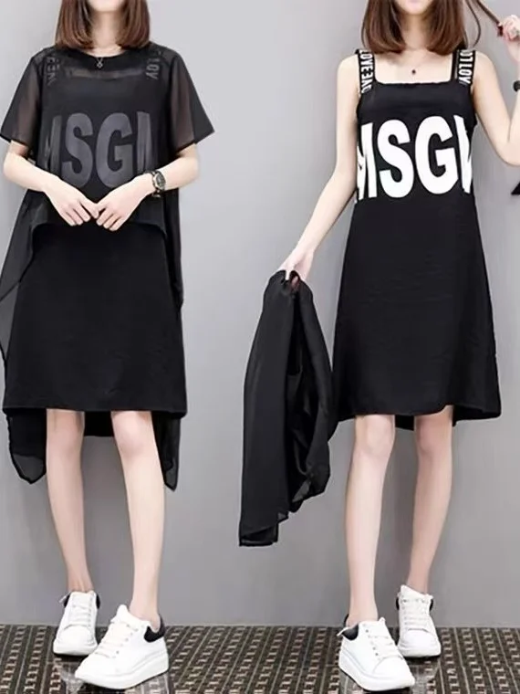 

plus Size Women's Summer New Style Fashion Slimming Midi Dress Cover Belly Chiffon Two-Piece Set High Waist A-Line Skirt