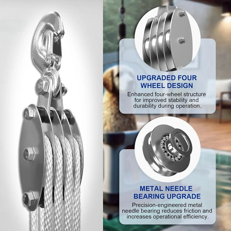 نظام بكرة الكتلة والمعالجة الجديدة لعام 2025، رافعة بكرة حبل ذات 4 عجلات، تحميل عمل 2200 رطل مع حبل 65 قدمًا من حبل 1/4 بوصة، حبل مدمج