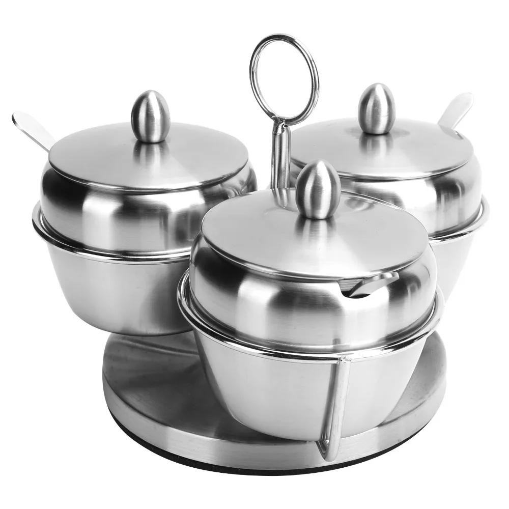 Stylish 304 Stainless Steel Seasoning Pot Set 370ML Capacity Silver Spice Jar Set with Lid and Spoon Condiment Container Kitchen