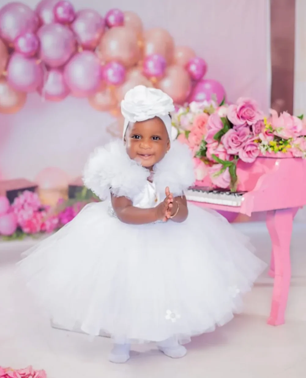 

White 3D Flowers Applique Flower Girl Dress For Wedding Beading Tulle Puffy Kids Birthday Party First Communion Gowns Customized