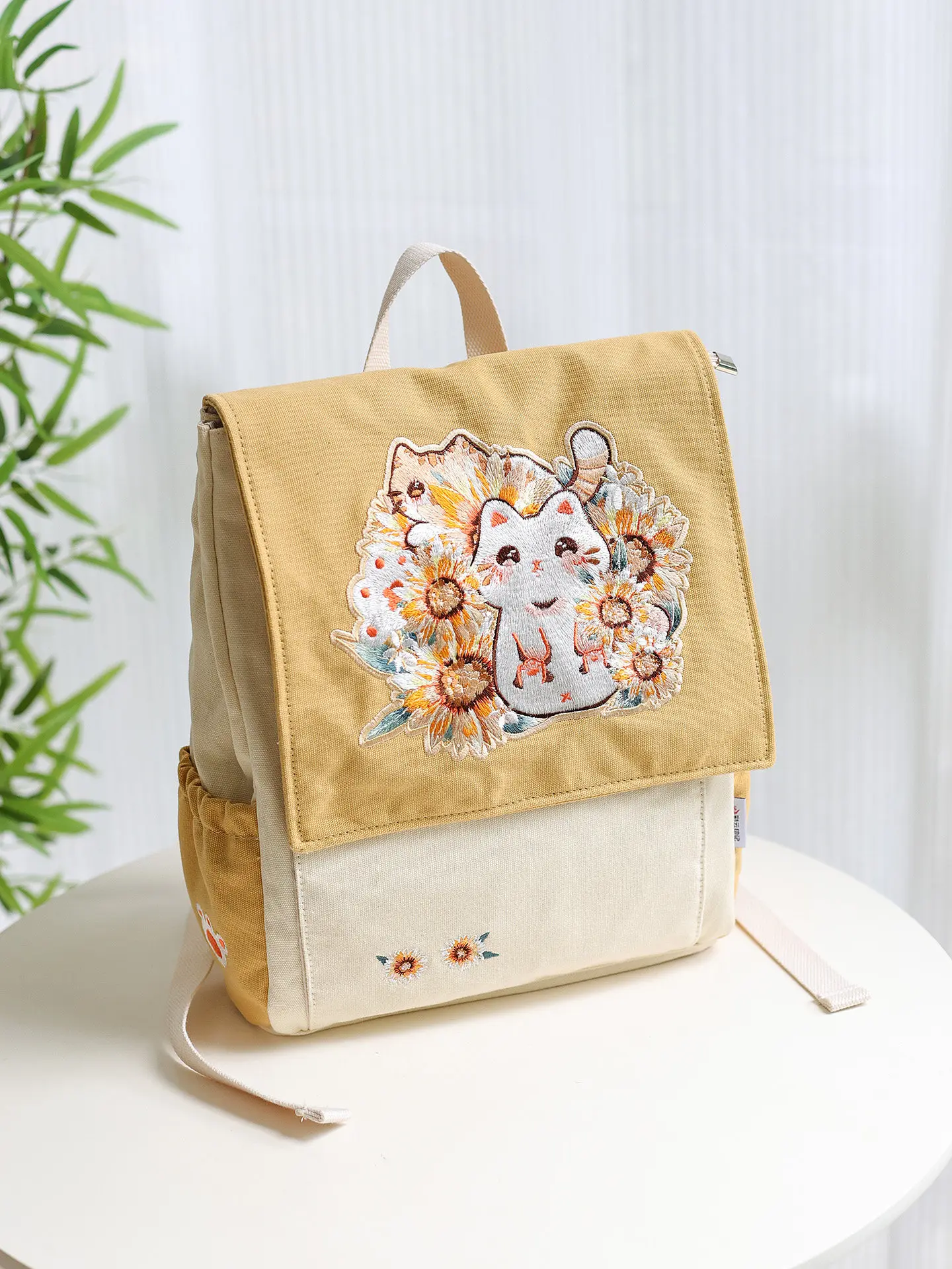 

Милый оранжевый рюкзак с вышивкой в виде мультяшного кота, женская холщовая сумка, грязеотталкивающая, устойчивая к стирке, школьная сумка для девочек