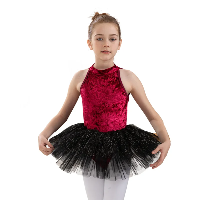 Vestido de ballet B070 para niños, mono de tul con cuello Halter, vestido rojo de entrenamiento para niños y niñas