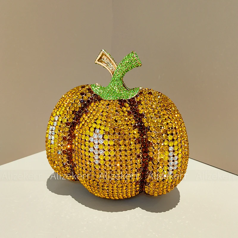 

Pumpkin Crystal Evening Bags Women Luxury Designer Gorgeous Diamond Metal Clutch Purses And Handbags Halloween Party