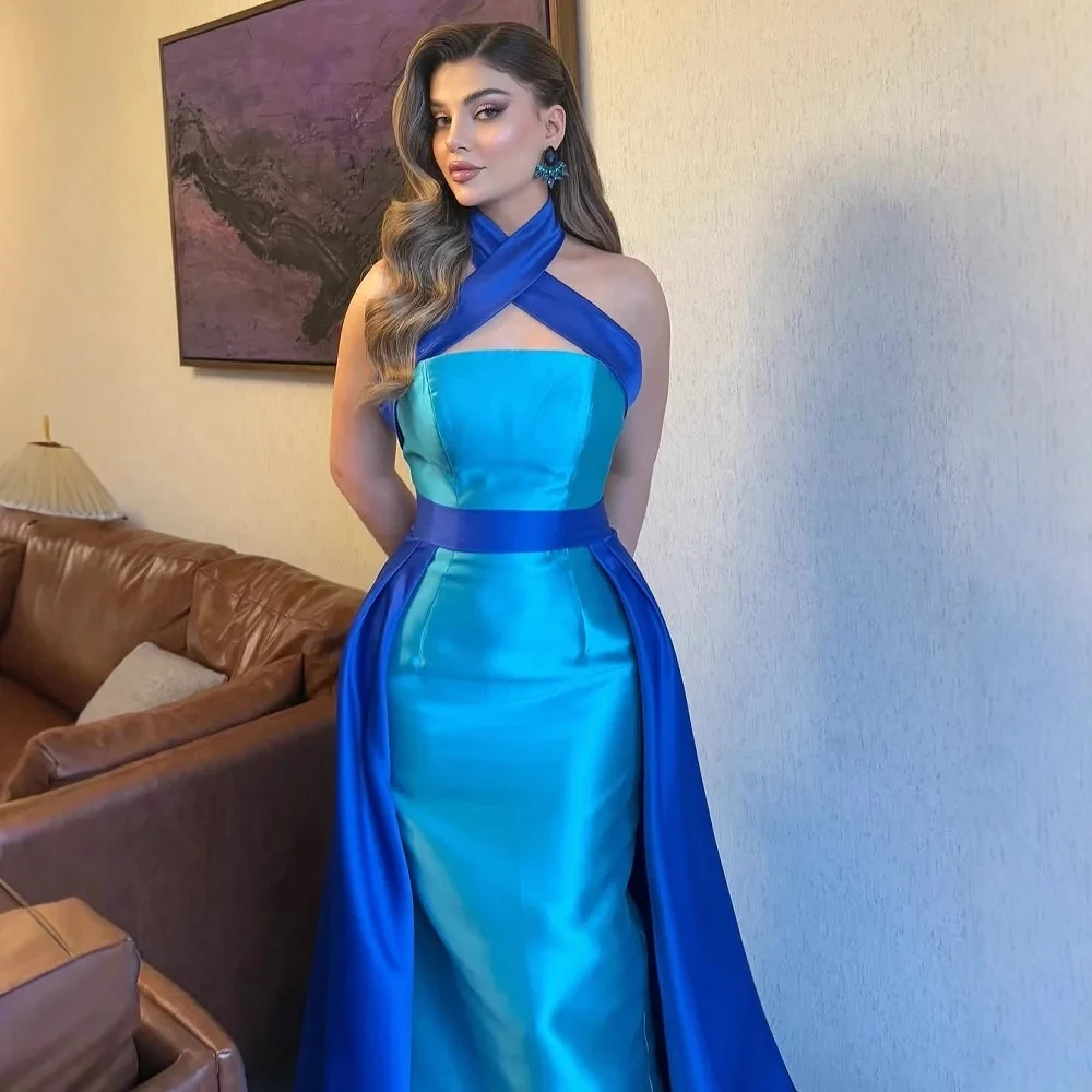 Robe de soirée sirène bleue de luxe, élégante, longue, formelle, pour bal de promo, mariage, avec traîne détachable, personnalisée, 2025