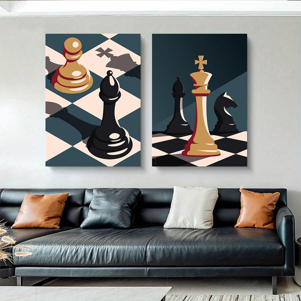 Modern Simple Chess Print Canvas Painting, Chess Pieces Chessboard Poster Wall Art, For Living Room Study Decor, No Frame