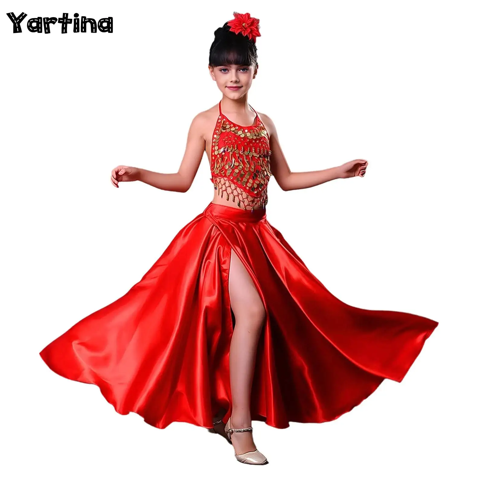 Rot Kinder Mädchen Spanisch Flamenco Ballroom Dance Performance Kostüm Seitlich geteilter Satinrock Klettverschluss Lange Röcke