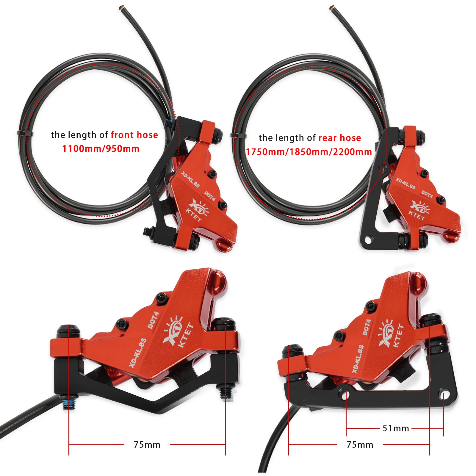 

2 Piston Red Ebike Hydraulic Disc Brake Kit Ebike Power Cut Off Brake Level Bicycle Dual Disc KTET Oil Brakes