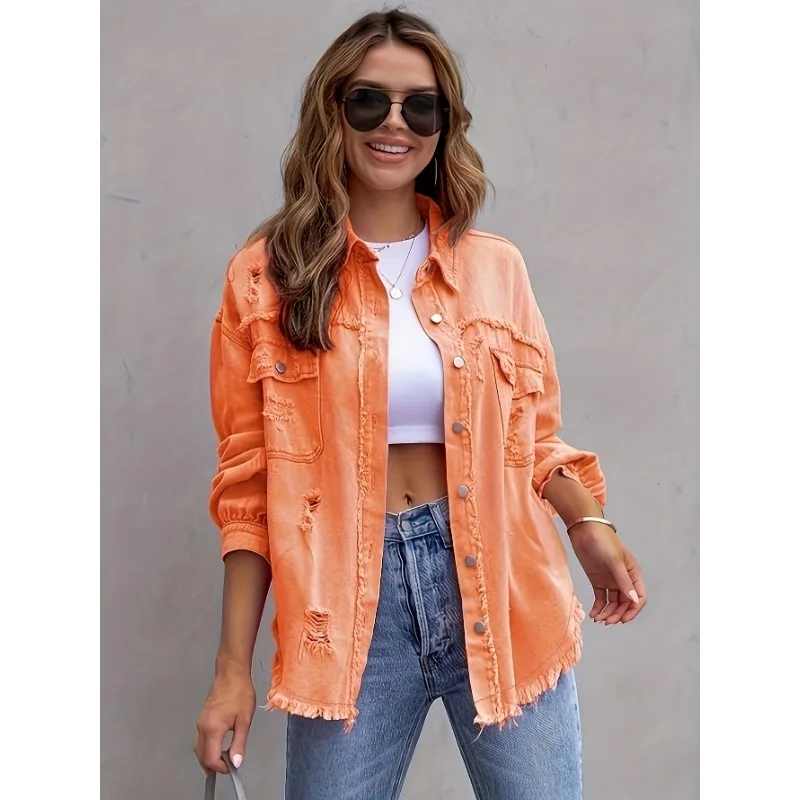 2024 New Broken Holes Solid Color Denim Jacket Ladies Comfortable Casual Loose Button Cardigan Coat Streetwear Women\'s Outerwear