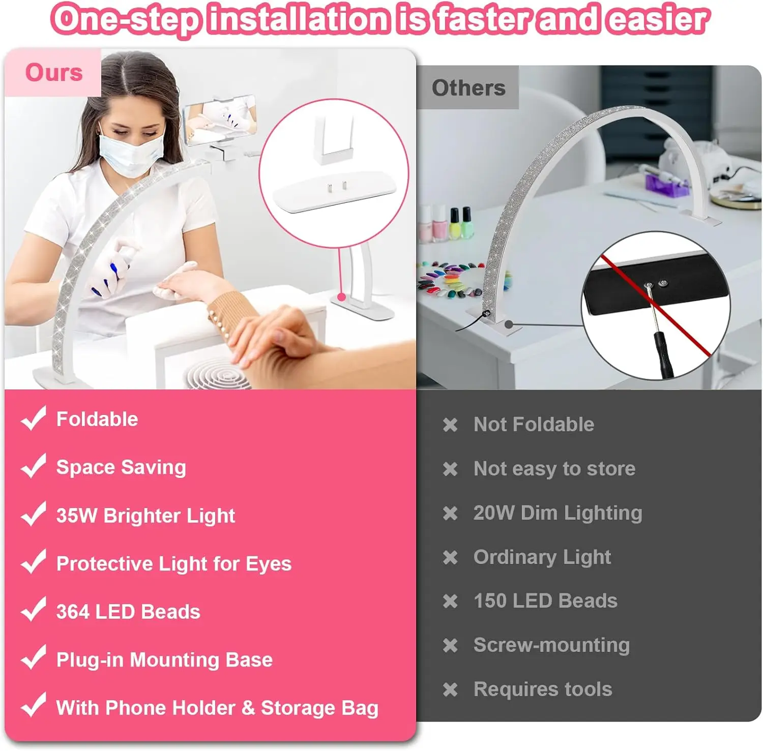 ترقية 29 بوصة ضوء نصف قمر قابل للطي مع حامل هاتف، يعتم ستبليس ودرجة حرارة اللون لمكتب الأظافر