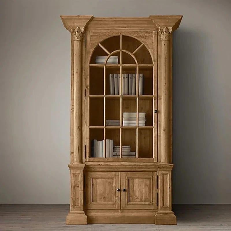 

American rural retro solid wood bookcase European carved bookcase living room display cabinet dining side cabinet villa R