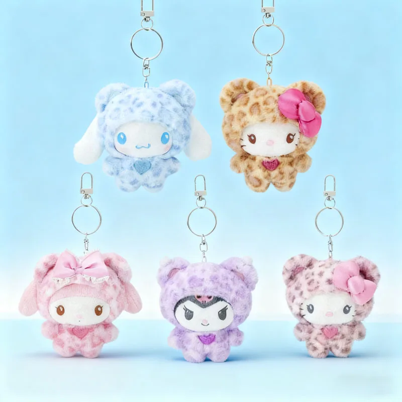Nuevo llavero de gato MINISO Kawaii, bonito colgante de bolso de muñeca de felpa con lazo, regalo de tirón con cremallera con estampado de leopardo para niñas, regalos de cumpleaños
