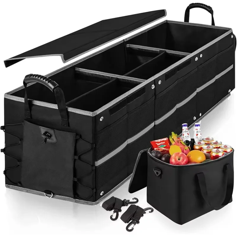 

Collapsible Trunk for Car with Insulated Leak proof Cooler Bag, 3 Compartments SUV Cargo Organizer Removable Dividers