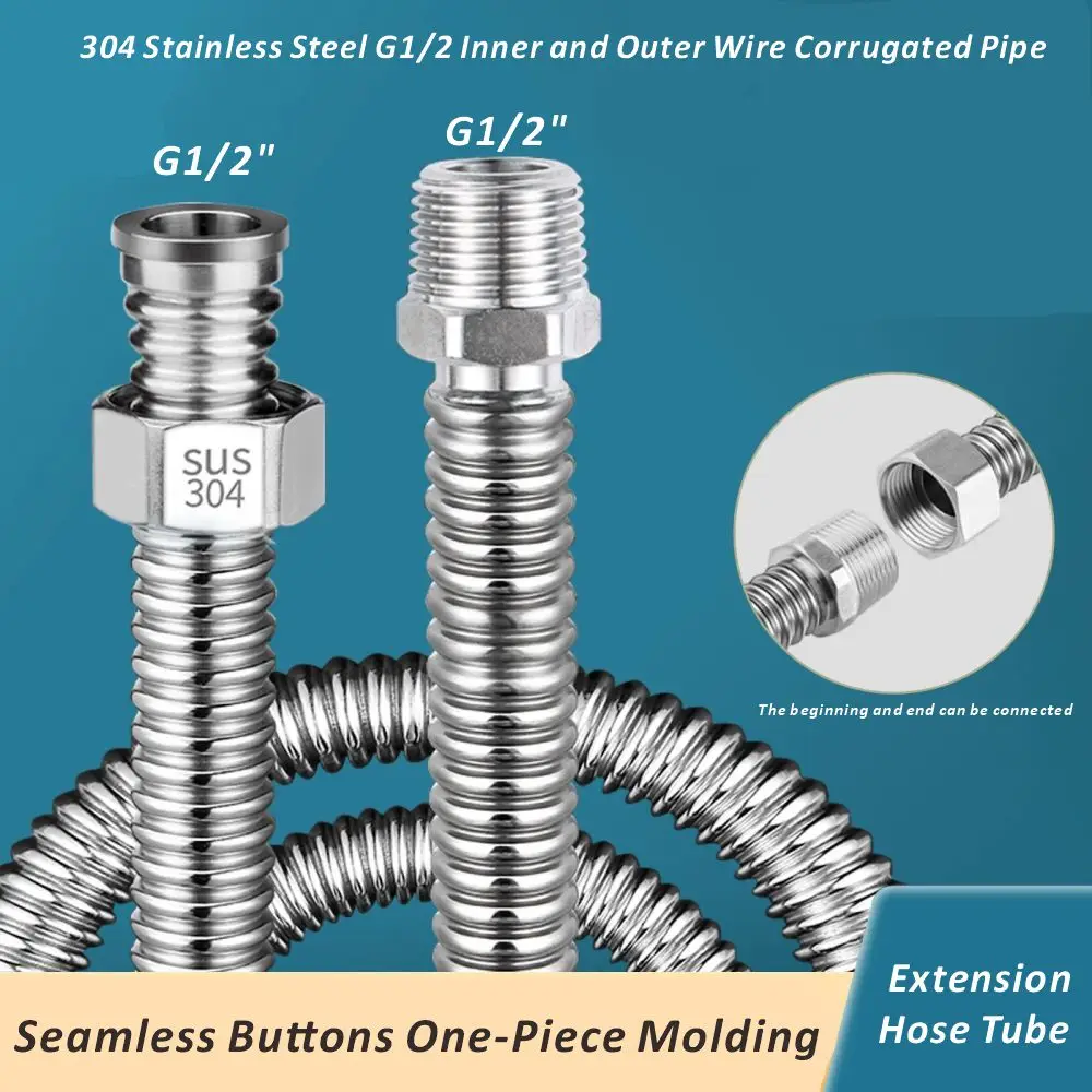 New SUS304 20-200cm G1/2 Inch Male Female Connector Cold Hot Water Hose Faucet Connection Tube Corrugated Pipe