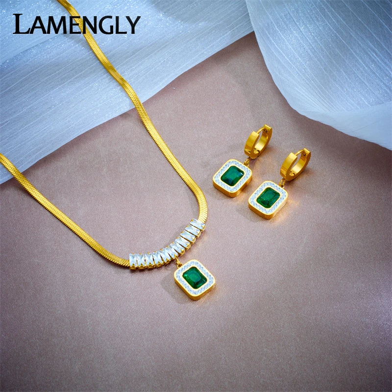 LAMENGLY 316L Stainless Steel Green Zircon Crystal Pendant Necklace Earrings For Women Girl Luxury Waterproof Jewelry Set Gift