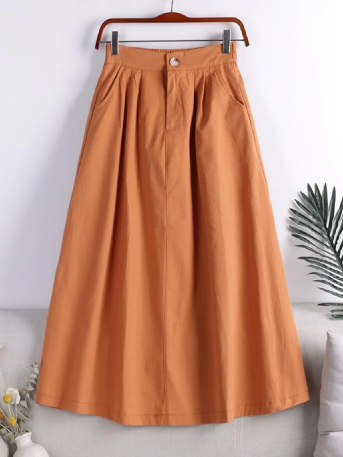 

Ele Mid-Length A-Line Skirt Summer New Sle Color Wide Hem Side Button ket Slimming Hip Covering Casual Commute
