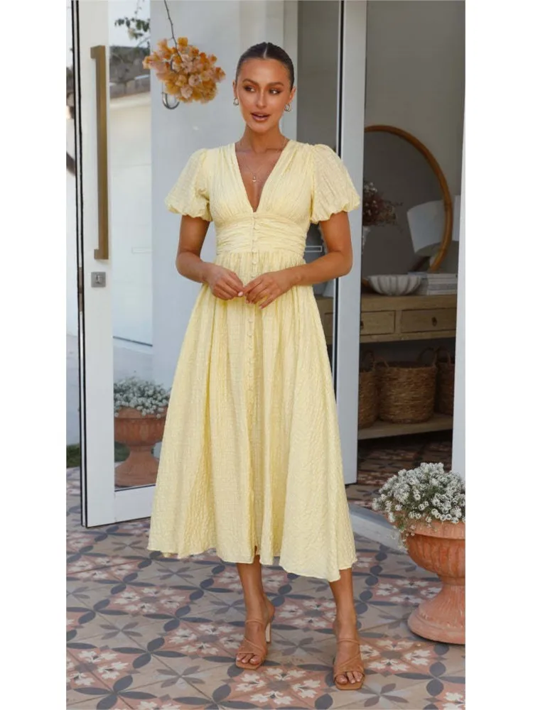 

Woman Summer Elegant Midi Dress Sexy Deep V-neck Puffed Sleeves Simple Style High Waist Dresses Lady Solid Color Sweet Vestidos