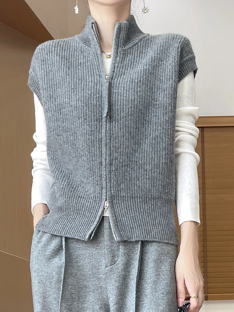 2024 New Women Zipper Waistcoat  100% Merino Wool Vest Sweater Sleeveless Cardigan Autumn Winter Cashmere Knitwear Korean Top