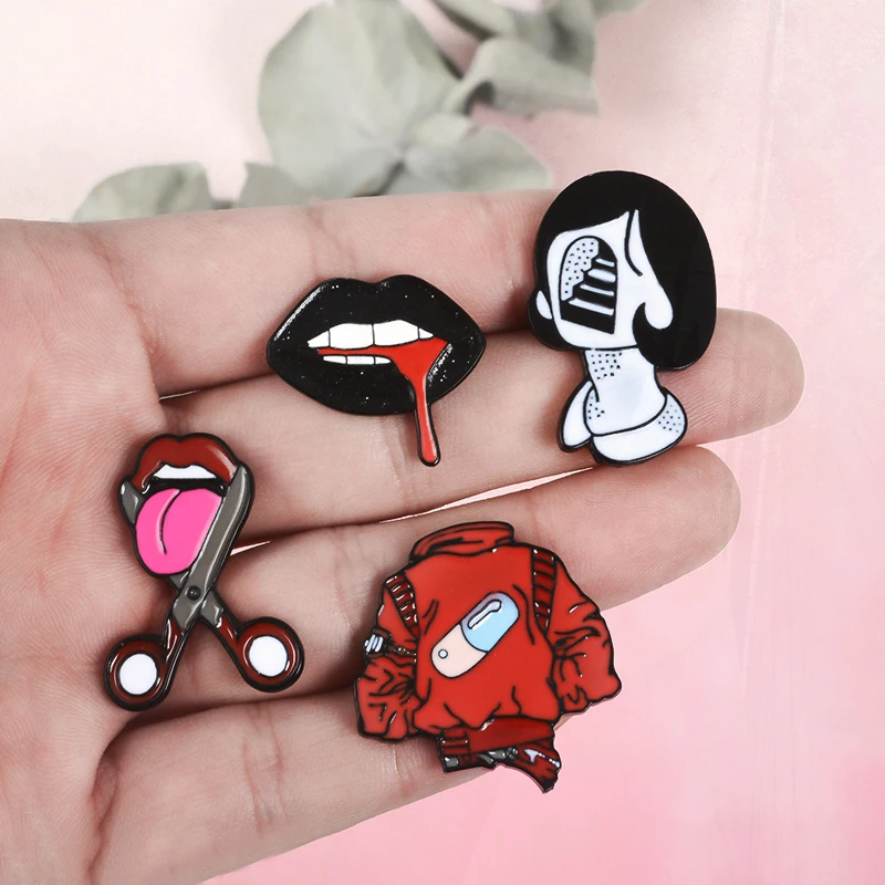 Girl Pines Denim Shirt Lapel Pins Bag Punk Cool Jewelry Gift for Friends Pill Eyeliner Tongue Lips Enamel Brooch Twisted Clock