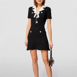 2024 new summer women's sequin plaid knitted short-sleeved dress y2k celebrity light luxury diamond button bow brooch mini skirt