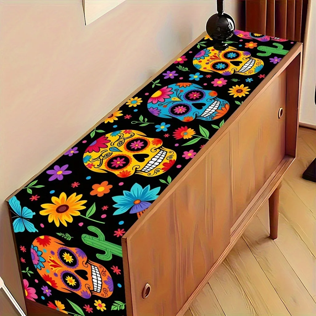 Day Of The Dead Sugar Skull Floral Cactus Table Runner Halloween  Indoor Party Kitchen Decor Holiday Table Ornament Supply