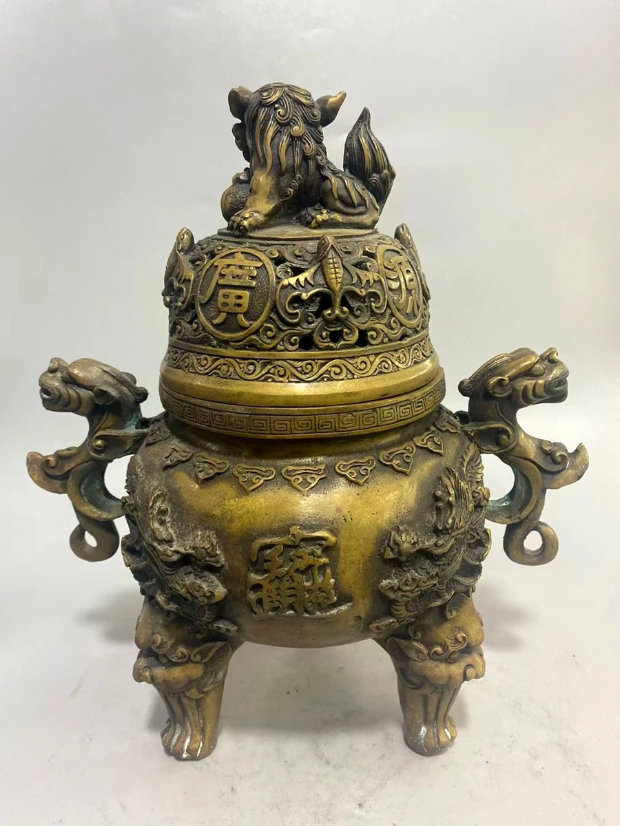 Vintage Brass Buddhism Censer Incense Burner Lucky Beast Foo Dog Ancient Dragon Hold Signed Bottom