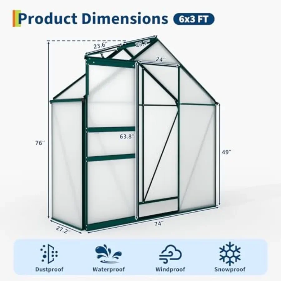 Feet House for Outdoors, Polycarbonate House with Adjustable Roof Vent, Sliding Door and Rain Gutter, Aluminum Walk-in Houses F