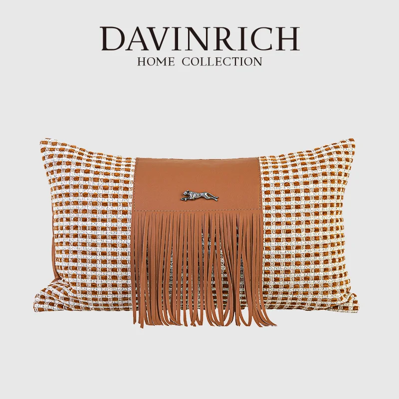 DAVINRICH Distinctively Design Checkered Woven Pillow Cover With A Metal Leopard Embellishment Luxury Cushion Case For Any Room