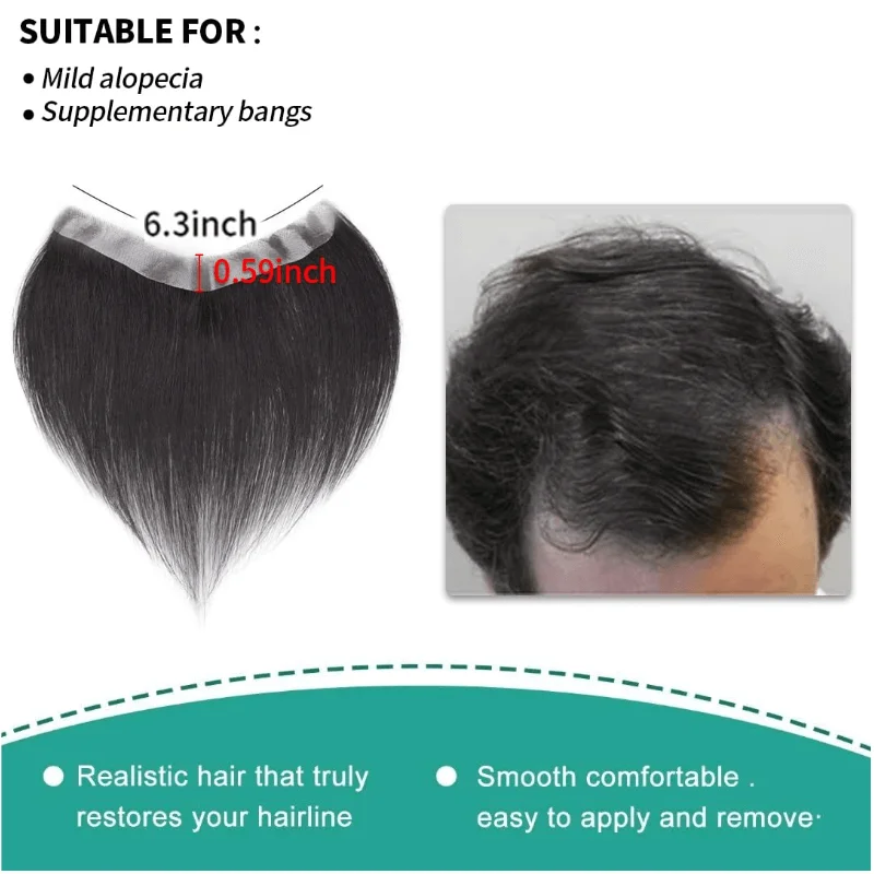 Toupee natural do cabelo humano para homens linha fina dianteira realística, base fina da pele, linha fina da testa, substituição masculina, estilo V, 6"