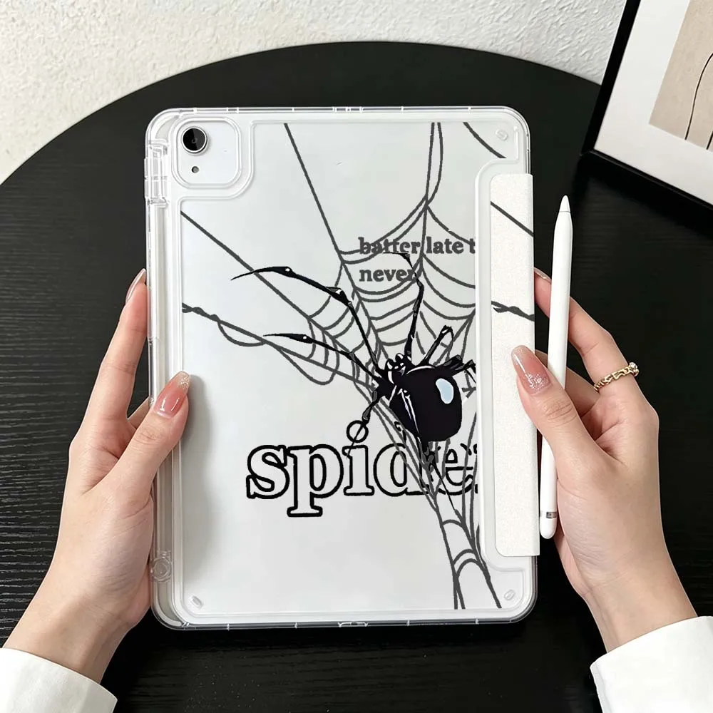 Black Spider Web Art Case For iPad Mini Pro Air 5 6 7 8 9 10th 11th 11 9.7 10.9 13 inch Transparent Y-Shaped Folding Tablet
