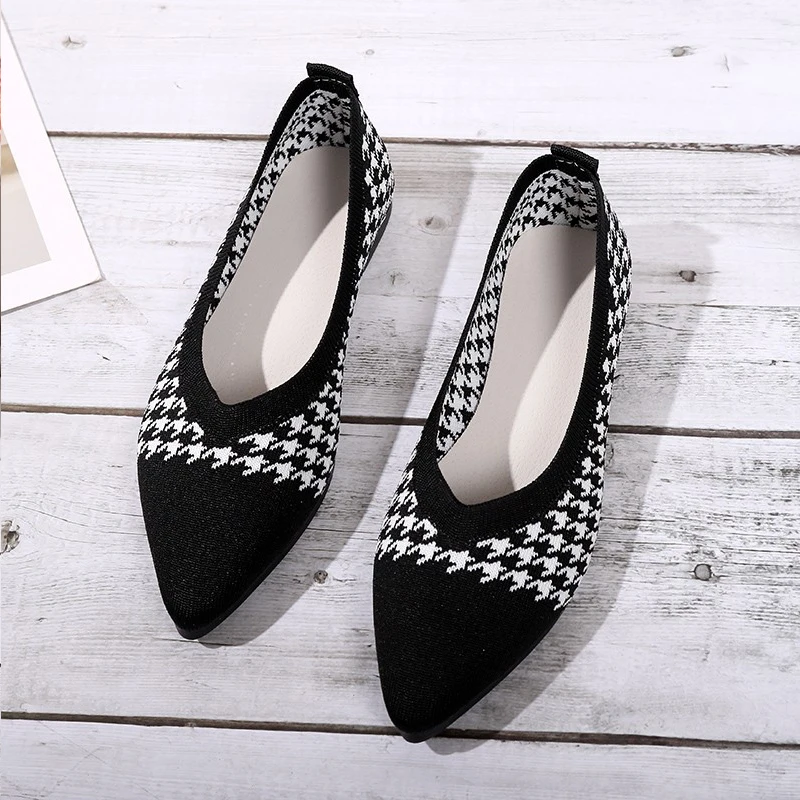 Elegant Houndstooth Knitted Ballet Flats Woman Point Toe Mesh Moccasins Ladies Big Size Leopard Loafers Soft Driving Shoes