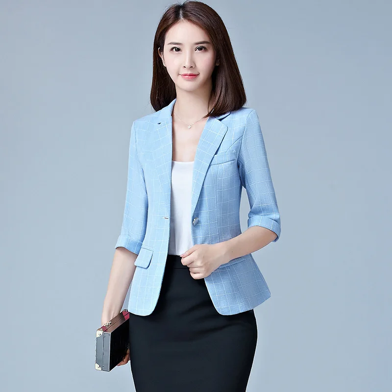 S-5XL Women Linen Cotton Blazer Jackets Single Button Blue White Coat Jackets 3/4 Sleeve Summer Autumn Office Elegant Outerwear