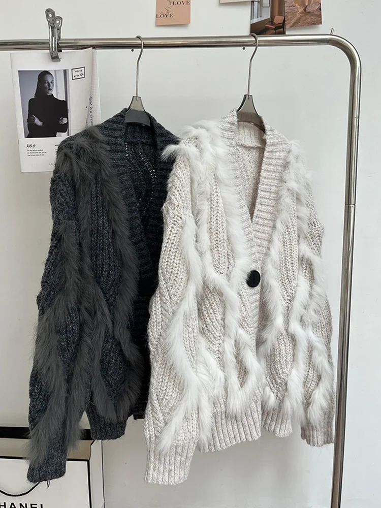 2024 moda feminina outono natural real pele de raposa jaqueta de malha cardigan camisola casaco oversize decoração de pele de raposa senhora